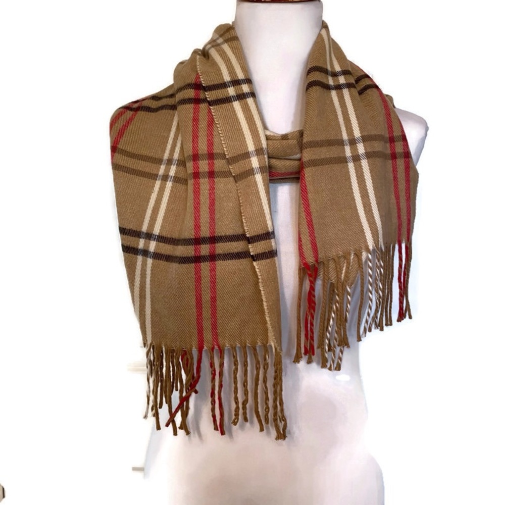 CEJON NEW SCARF TAN RED BLACK CREAM PLAID NOVA CHECK FRINGE NWT ACCESSORY